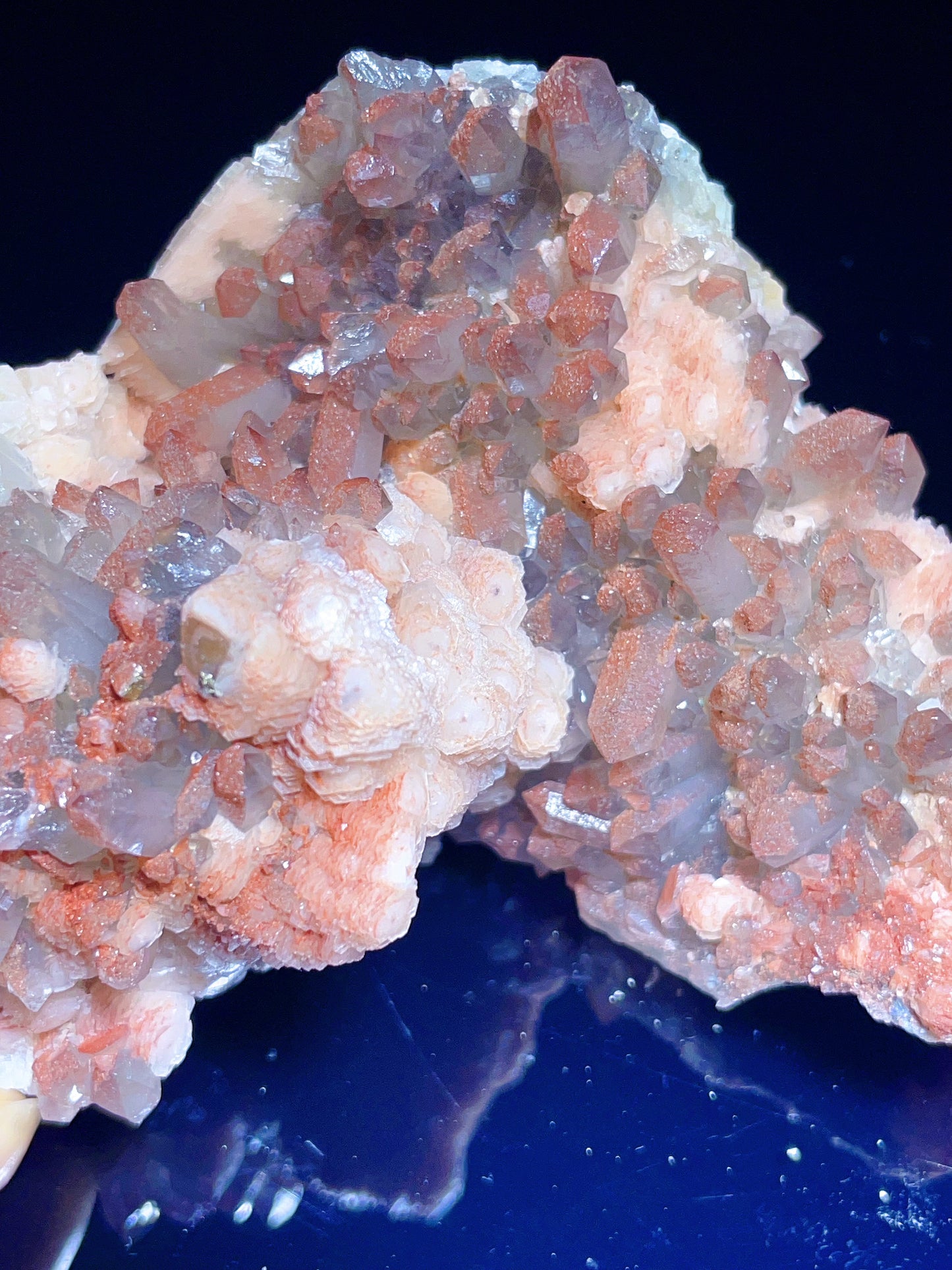pink calcite with quartz and hematite specimen from Fujian