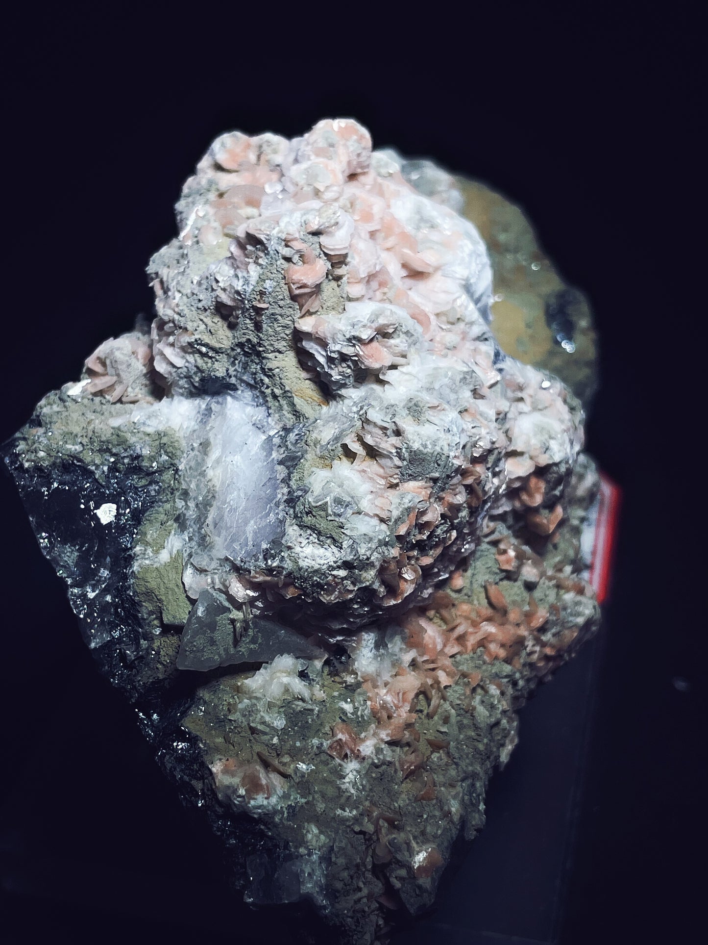 Pink calcite with quartz specularite specimen origin Inner Mongolia