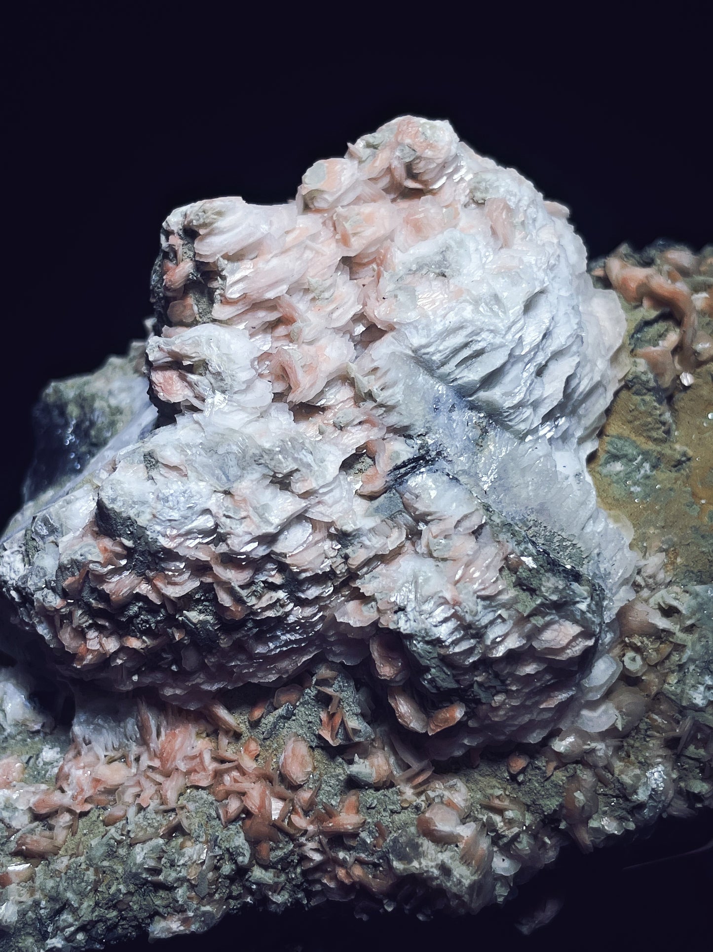 Pink calcite with quartz specularite specimen origin Inner Mongolia