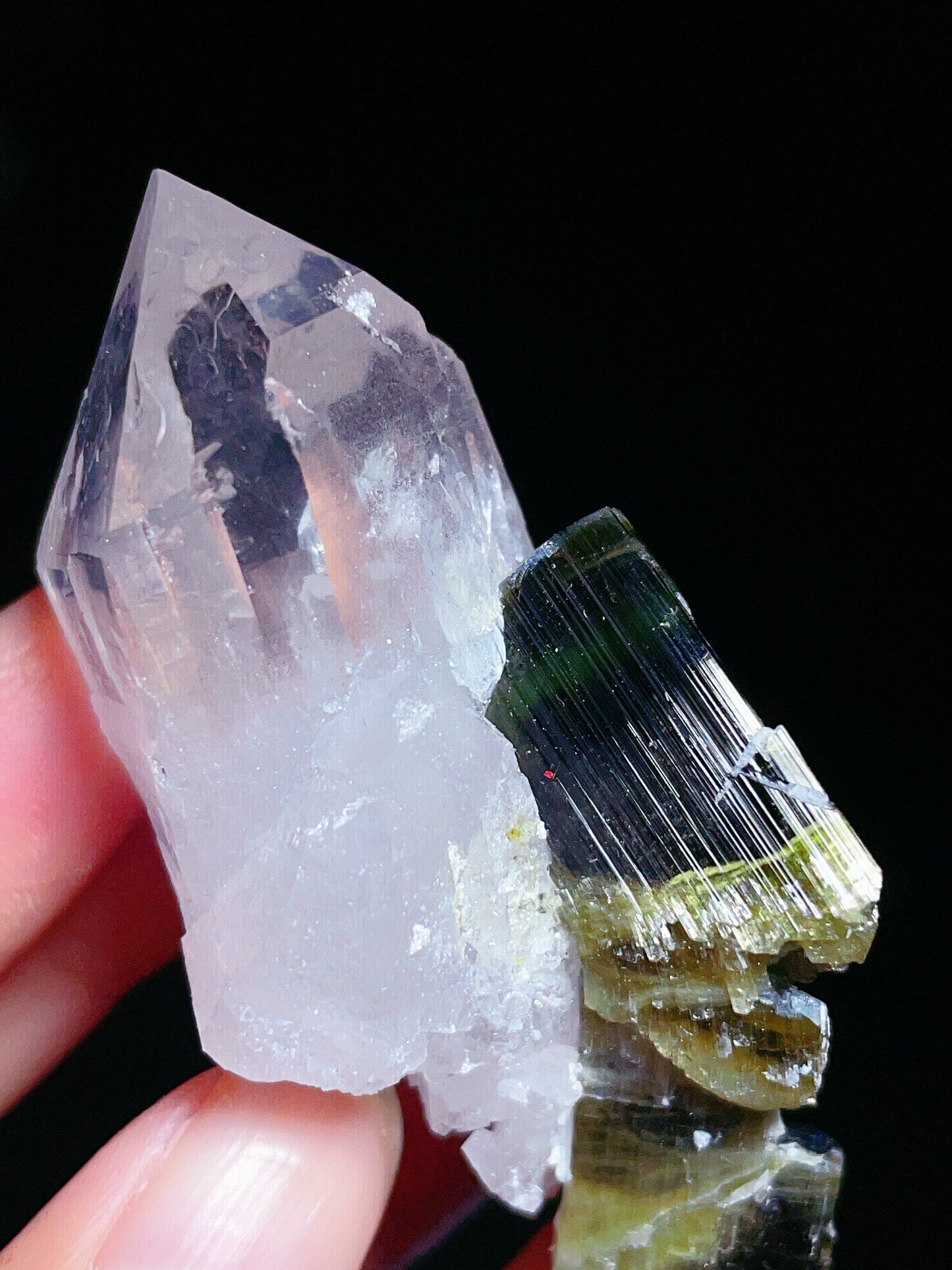 green cap tourmaline with quartz specimen