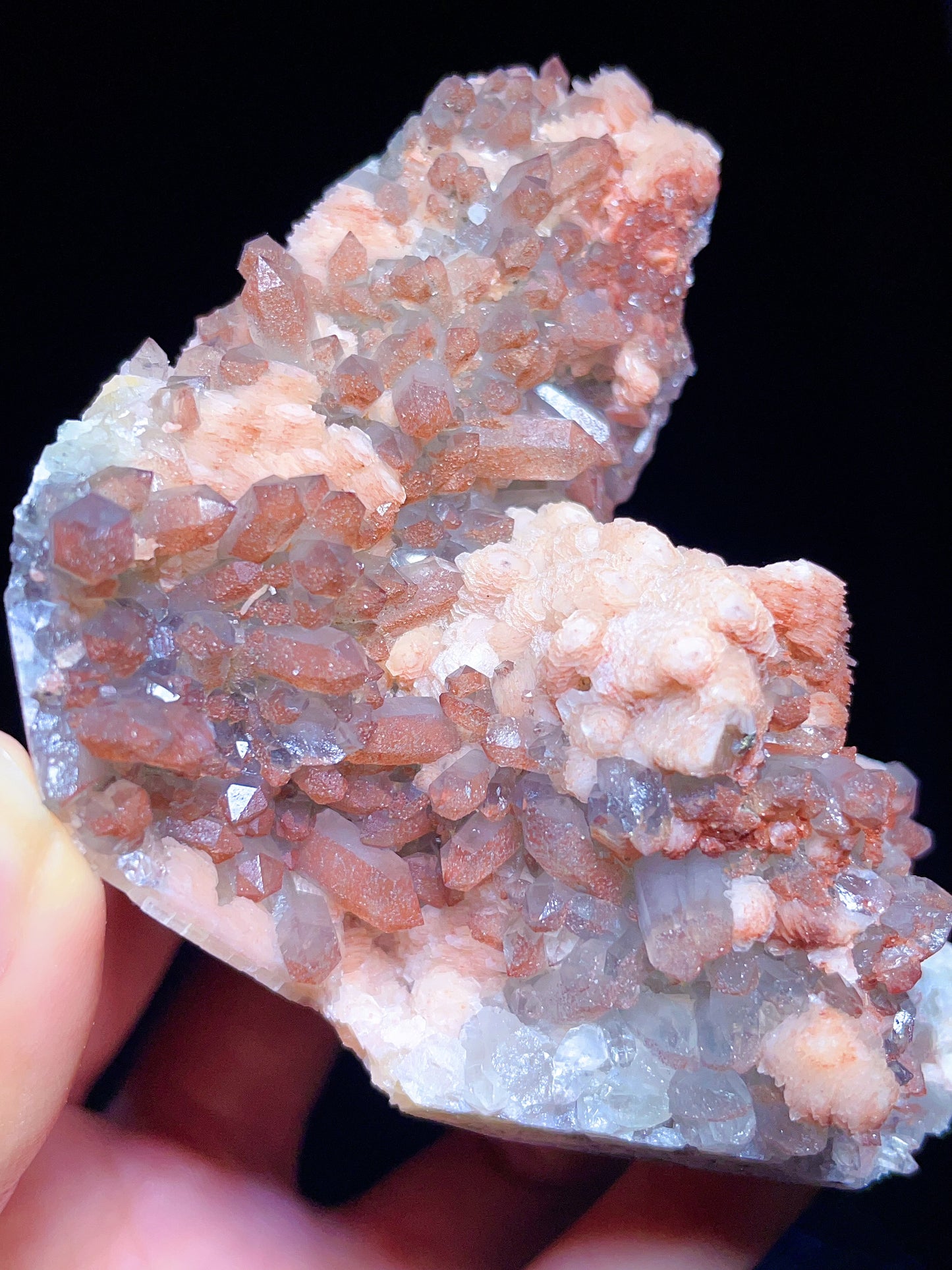 pink calcite with quartz and hematite specimen from Fujian