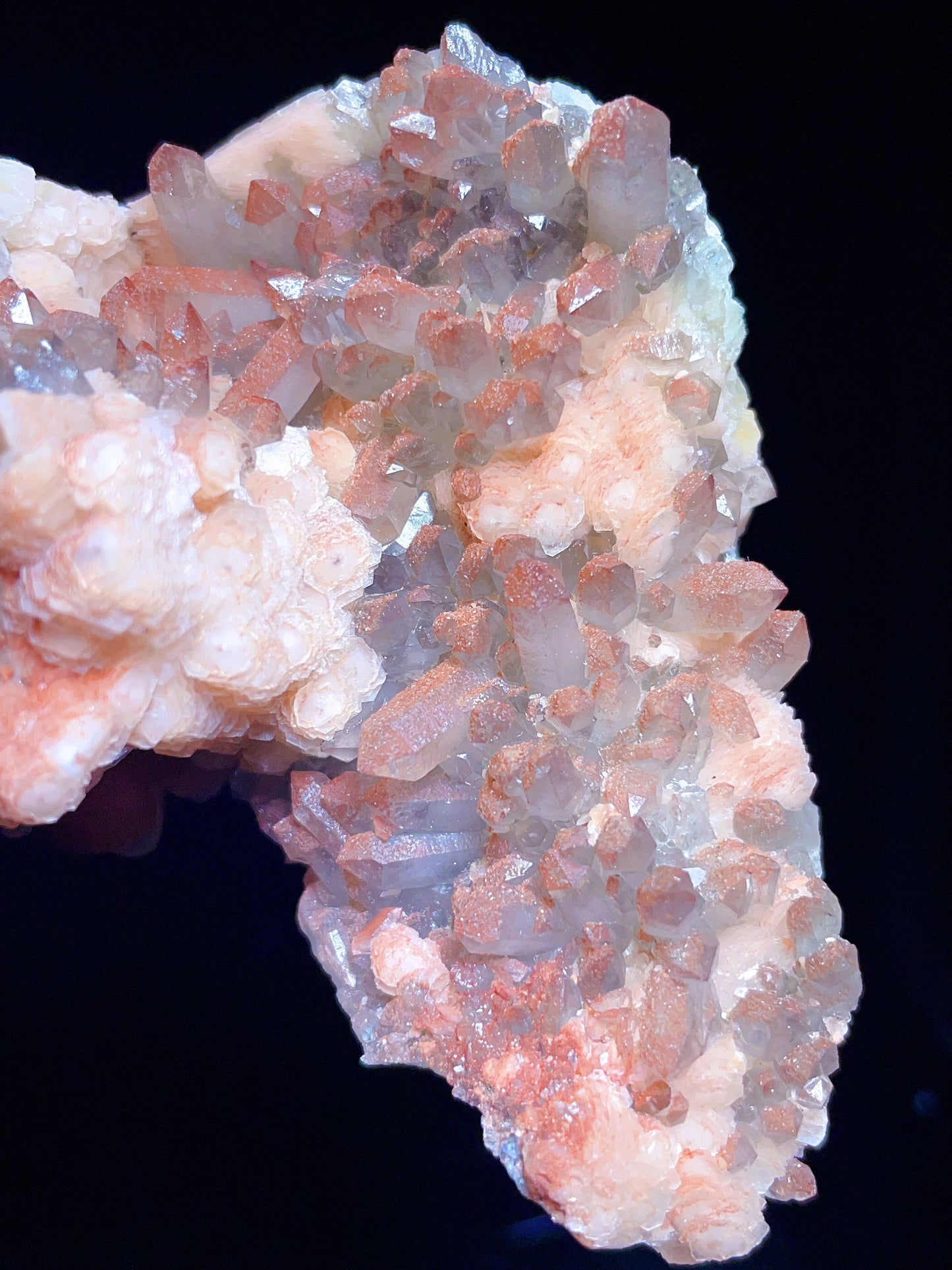 pink calcite with quartz and hematite specimen from Fujian
