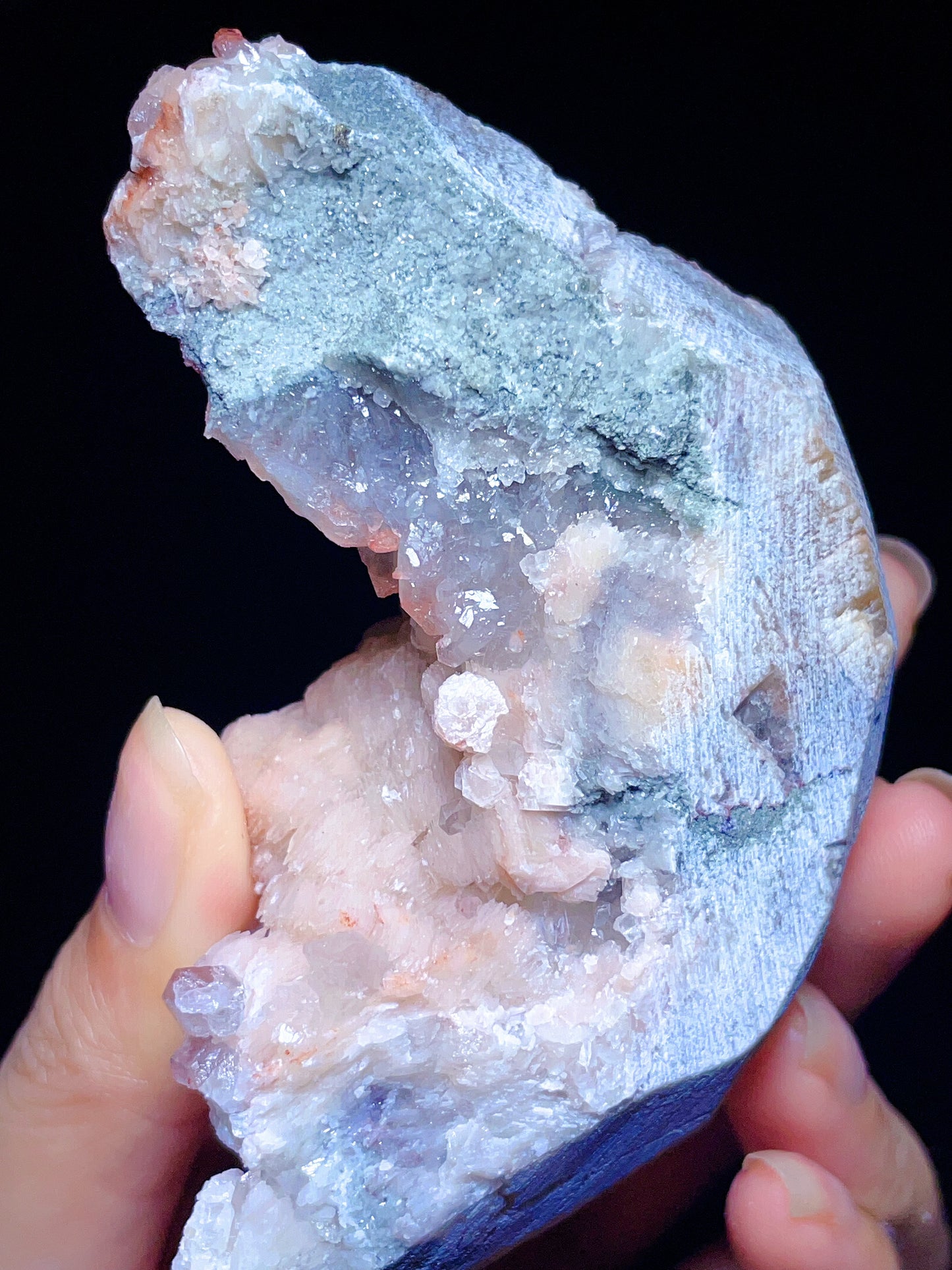 pink calcite with quartz and hematite specimen from Fujian