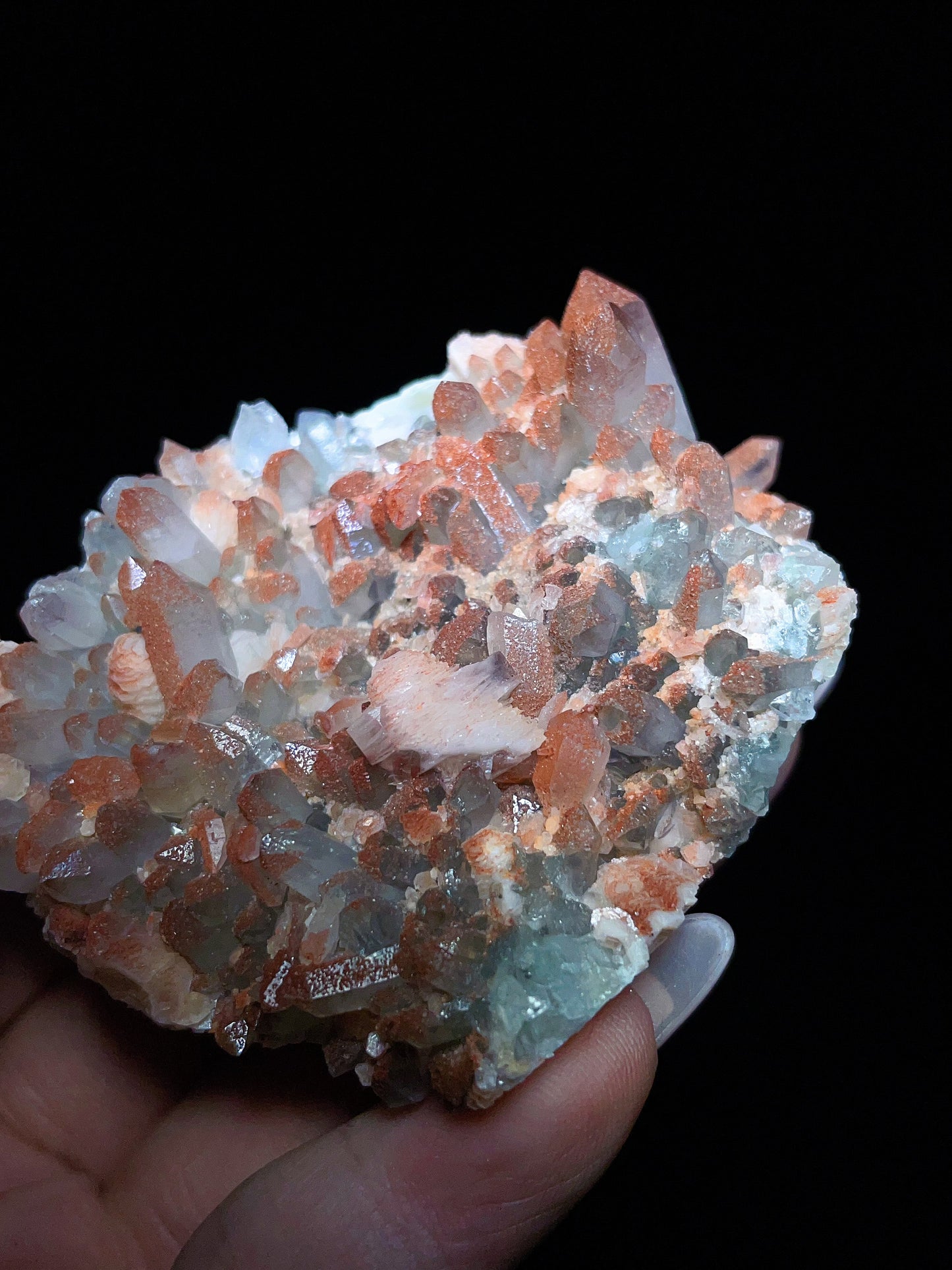 Pink calcite with red quartz and hematite specimen from Fujian China