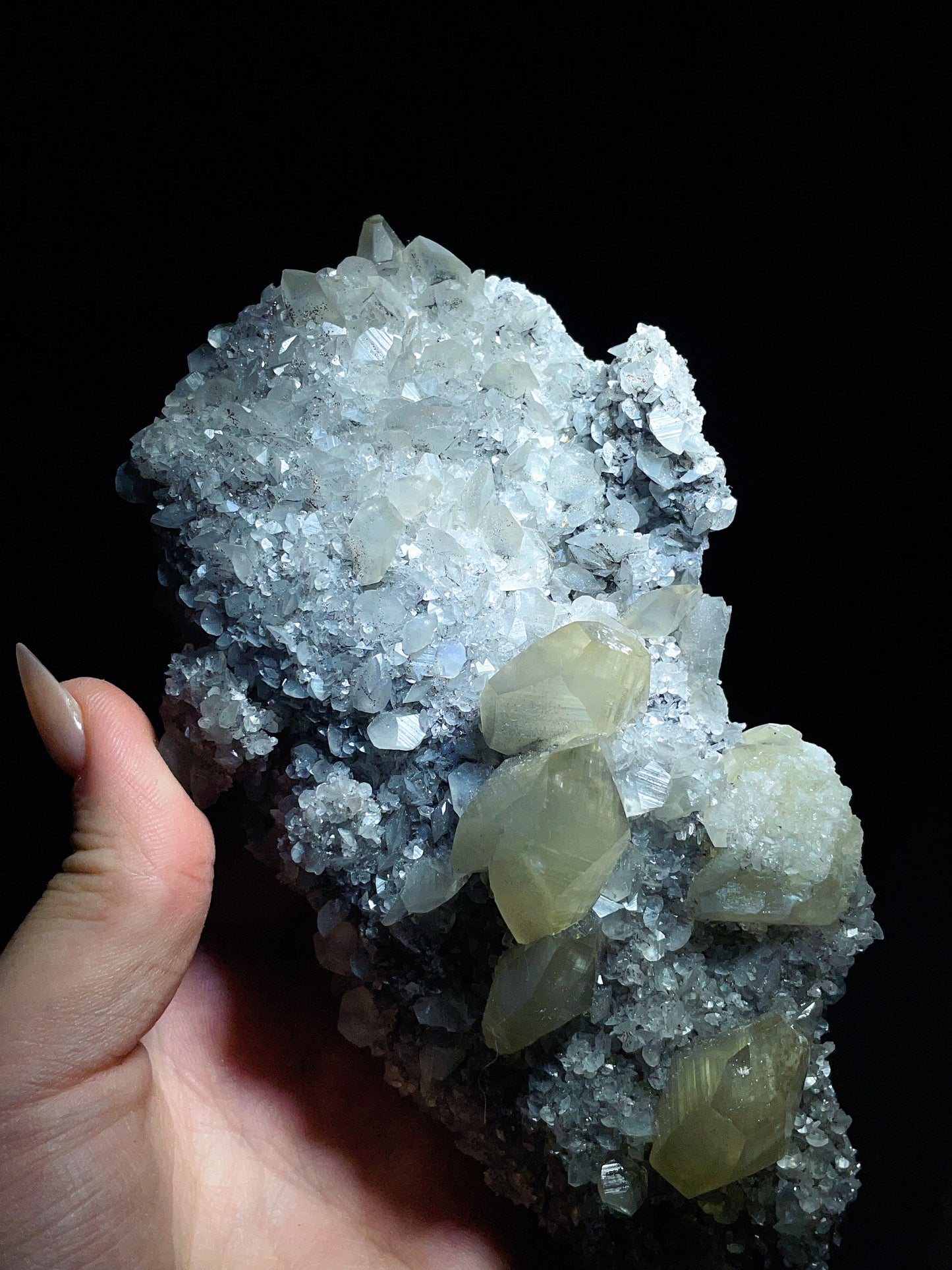 Yellow Calcite Cluster with Quartz from Fujian, China.